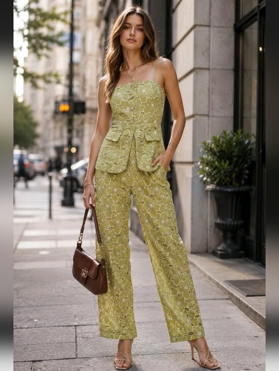 Just Me Pants - Just Me Lush Lace Strap Jumpsuit in Light Olive